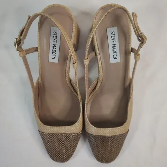 Steve Madden Becka Raffia Slingback Block Heel Pumps Tan Brown Woven Size 8.5M - Picture 2 of 8